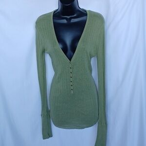 Aphorism by Anthropologie Khaki Green Button Front Sweater/sz M, 18" PTP, 28" Lg